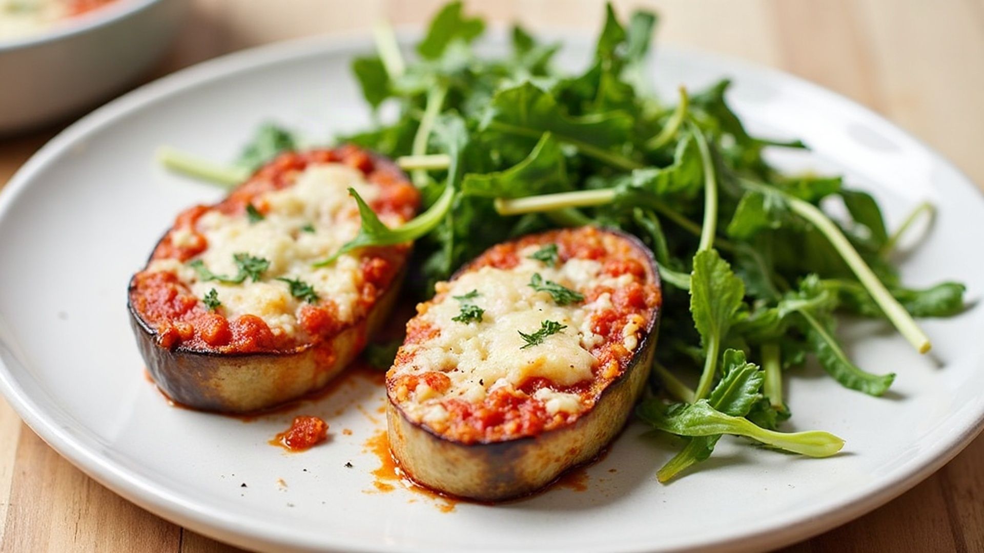 Preview of Crispy Baked Eggplant Parmesan + Lemony Arugula