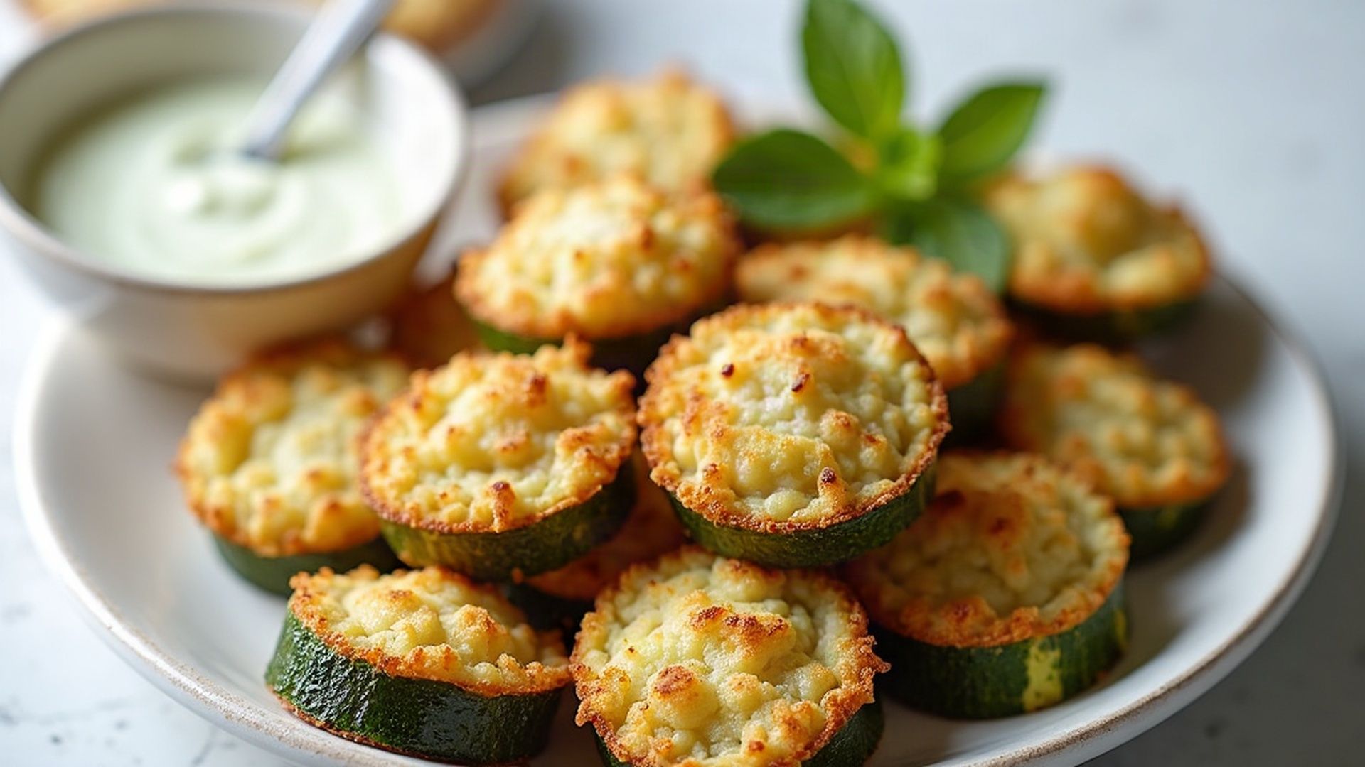 Preview of Crispy Parmesan Zucchini Bites + Lemon-Herb Yogurt Dip