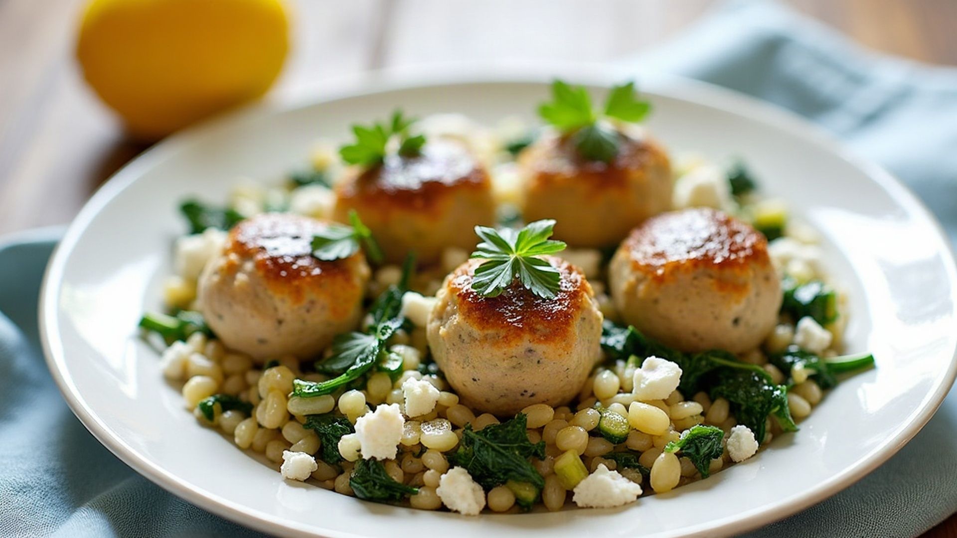 Preview of  Lemon Chicken Meatballs + Herby Orzo